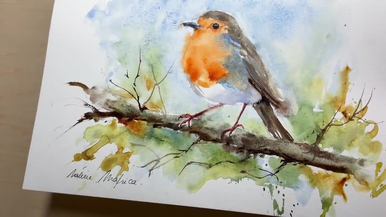 ロビンのオリジナル水彩画、庭の鳥をテーマにした出産祝いの小さな