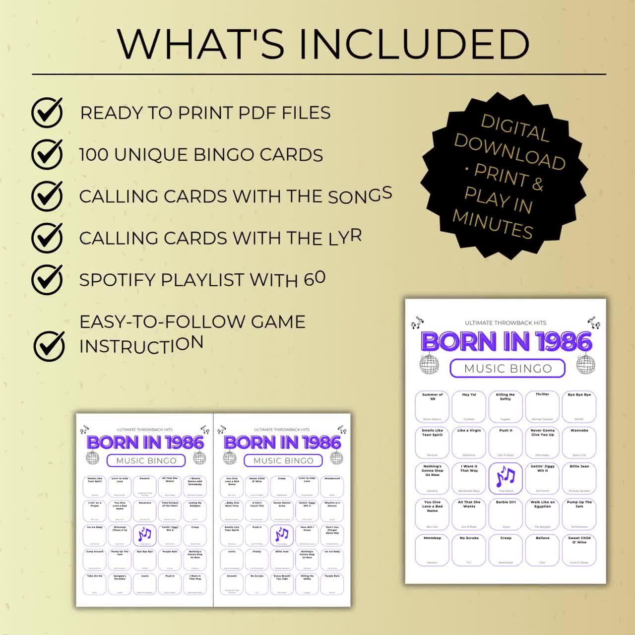 Geboren 1986 Musik Bingo, 100 Karten 40. Geburtstag Partyspiel, Throwback Printable, Spotify Playlist, Instant Download video poster