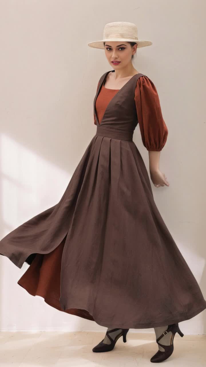 Coffee Linen Pinafore Dress: Sleeveless Long Apron Dress With Deep
