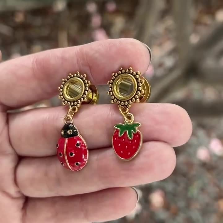 Ladybug Earrings Lady Beetle and Strawberry 8mm Tunnel Earrings 0