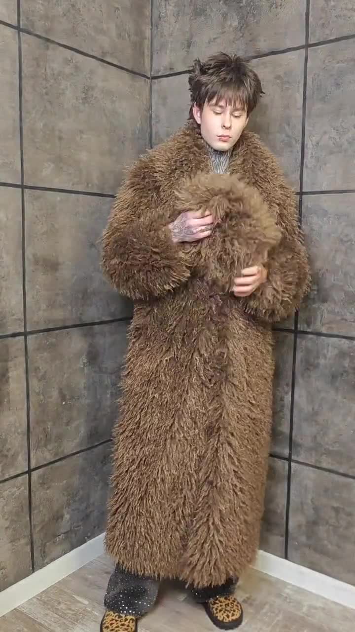 Brown Shaggy Faux Fur Duster, Floor Length Alpaca Style Yeti Coat