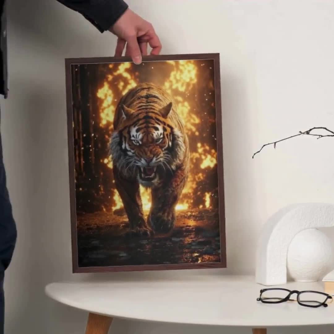 獰猛なトラの炎の壁掛けアート｜迫力ある野生動物の油絵｜力強い大型