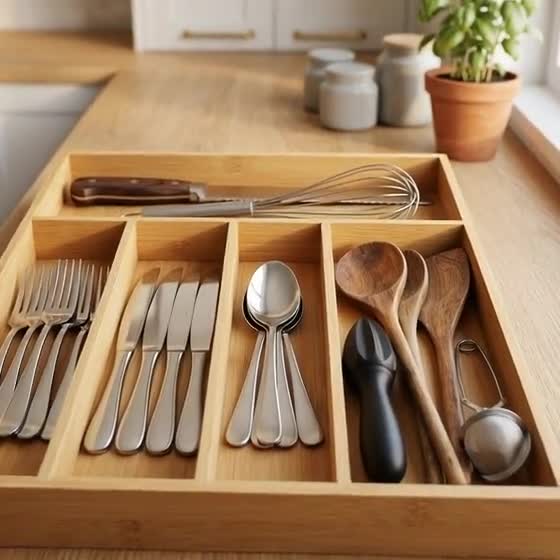 Bamboo Silverware Organizer Tray - 5-Compartment Cutlery & Flatware Storage for Kitchen Drawer | Utensil Organizer Divider video poster