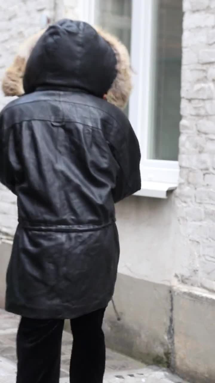 Vintage Leather Parka Jacket Black Hooded Winter Coat Oversized