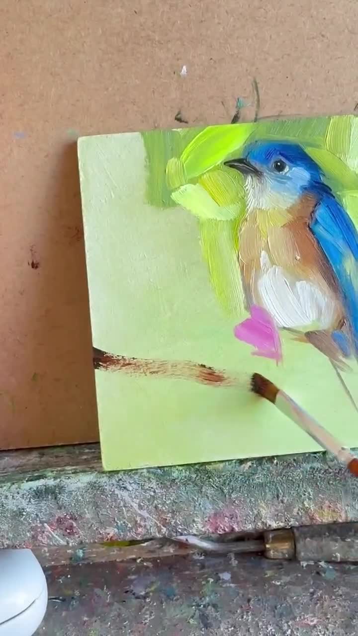 Original Bluebird Oil Painting, Framed Miniature Wall Art, 4x4
