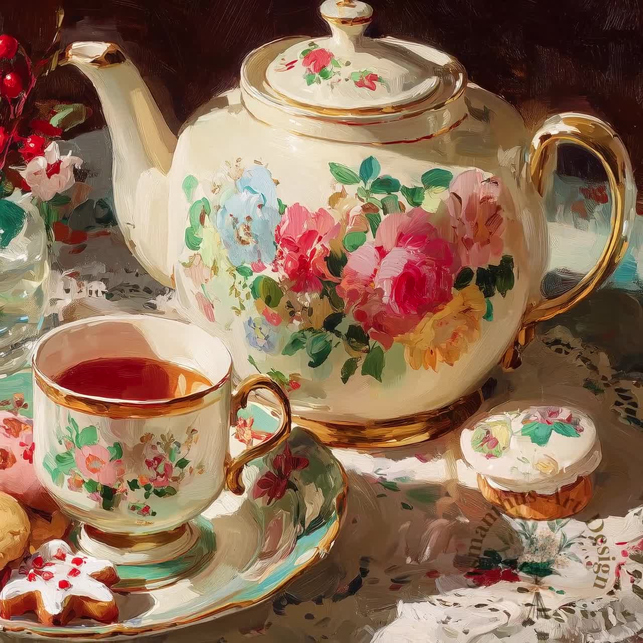 Tea Time Still Life Printable Art - Elegant Floral Teapot and Cup