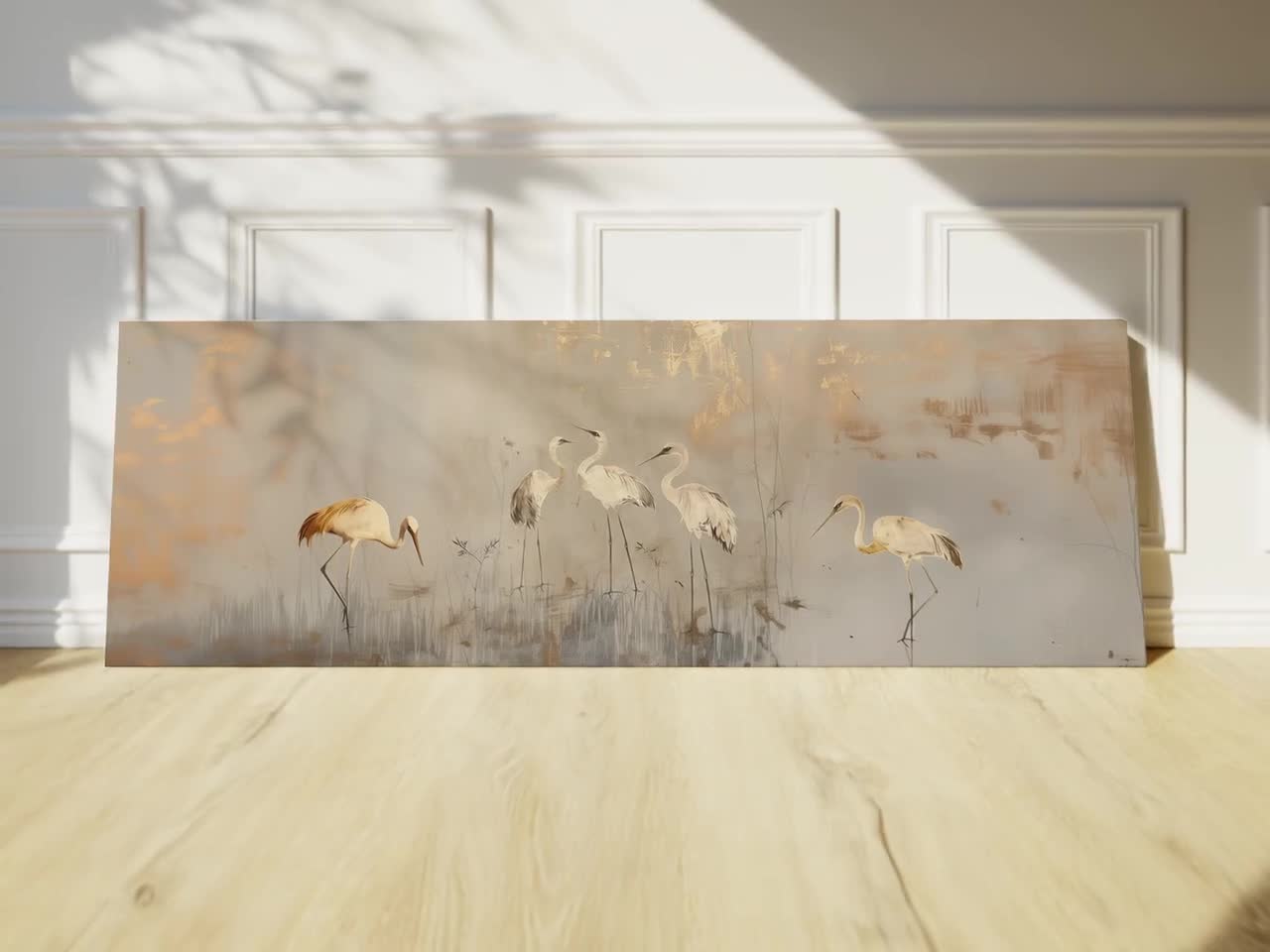 Panoramic Japanese Crane Wall Art, Beige & Gold Horizontal Long