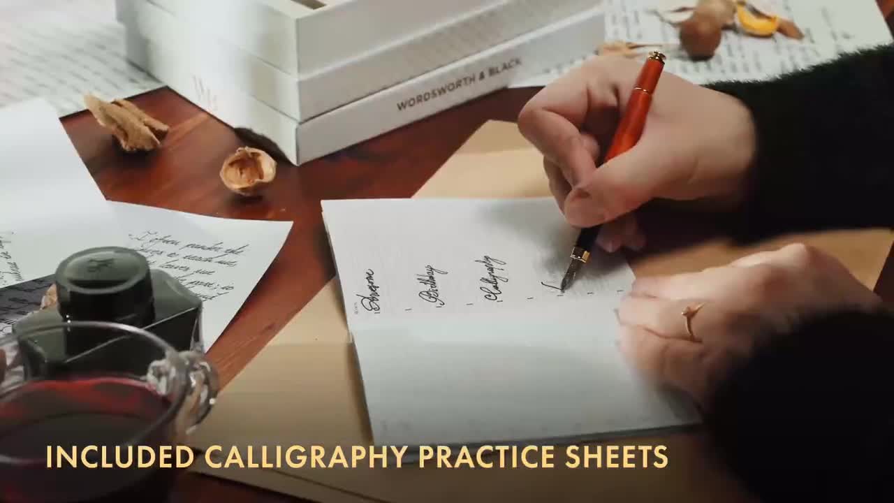 Set de regalo de pluma de caligrafía, incluye botella de tinta, 6 cartuchos de tinta, 6 puntas de repuesto, [oro negro] video poster