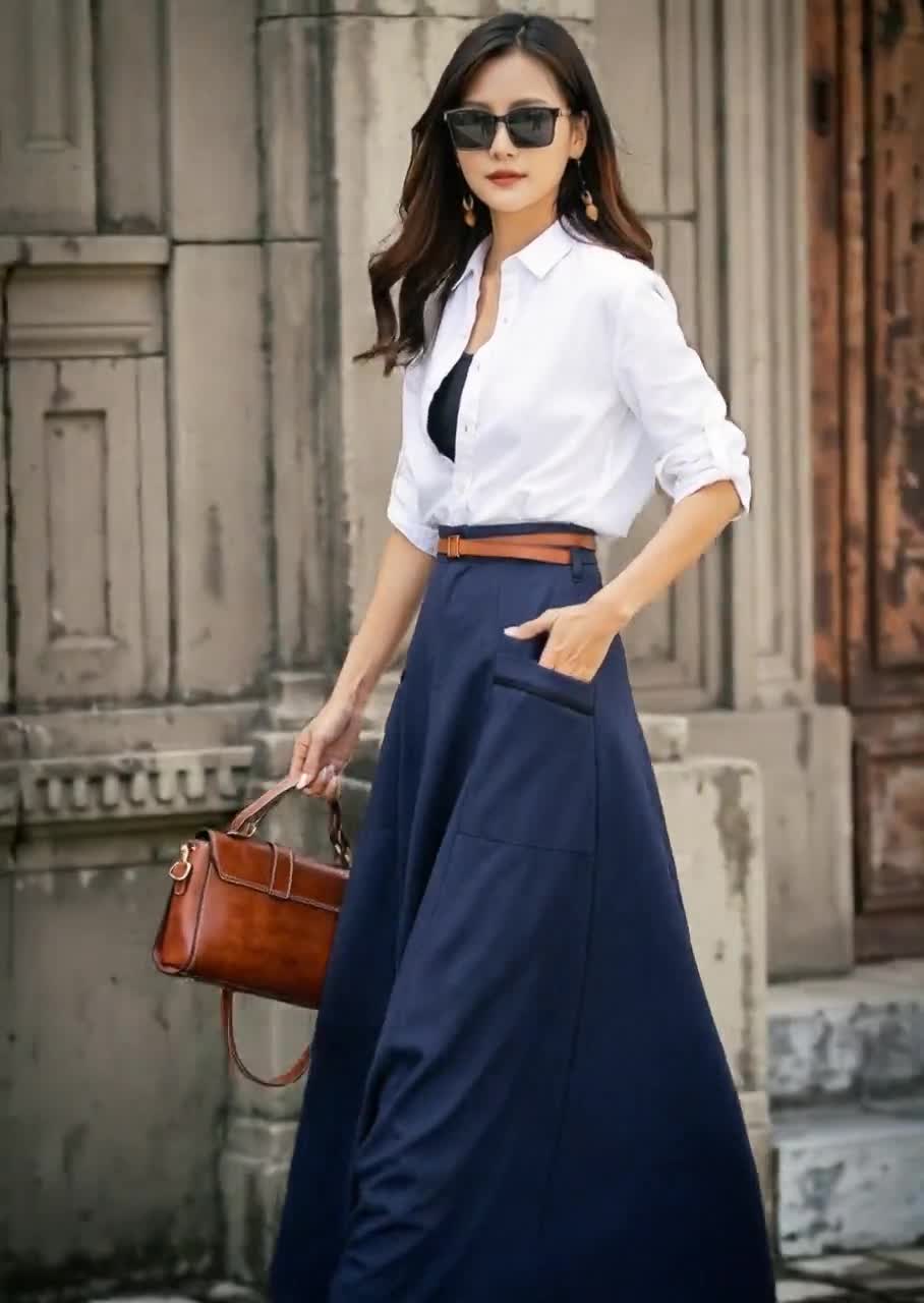 Long Swing Linen Maxi Skirt, A-line Linen Skirt, Navy Blue With