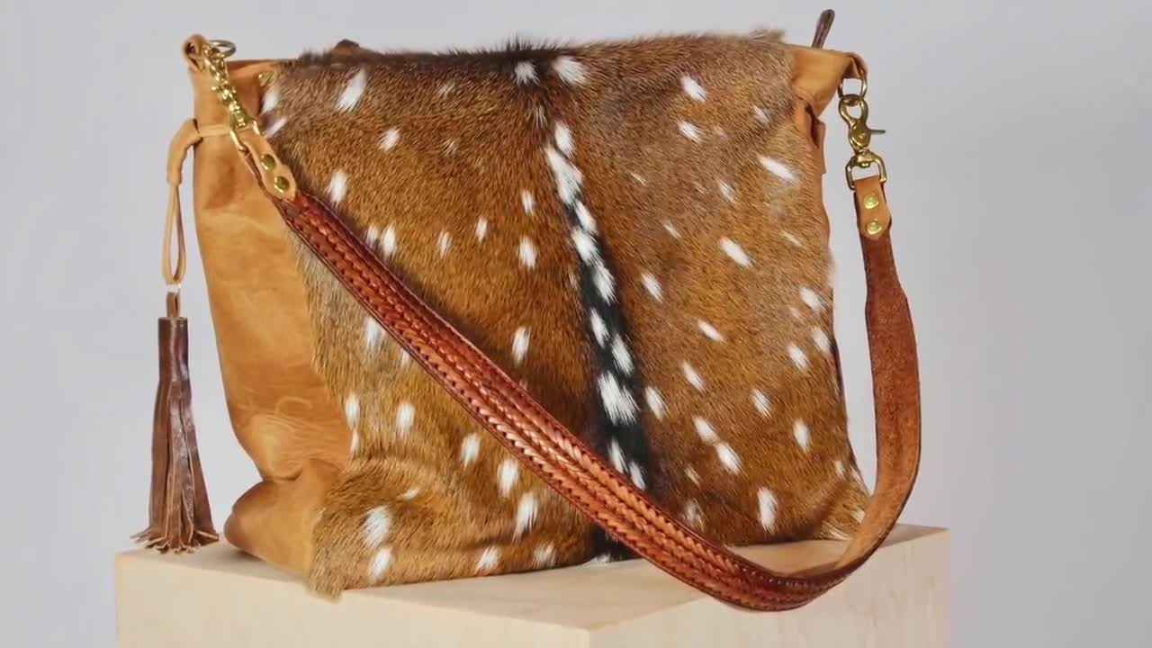 Axis Deer Skin With Fur On and Genuine Leather Medium Shoulder Bag