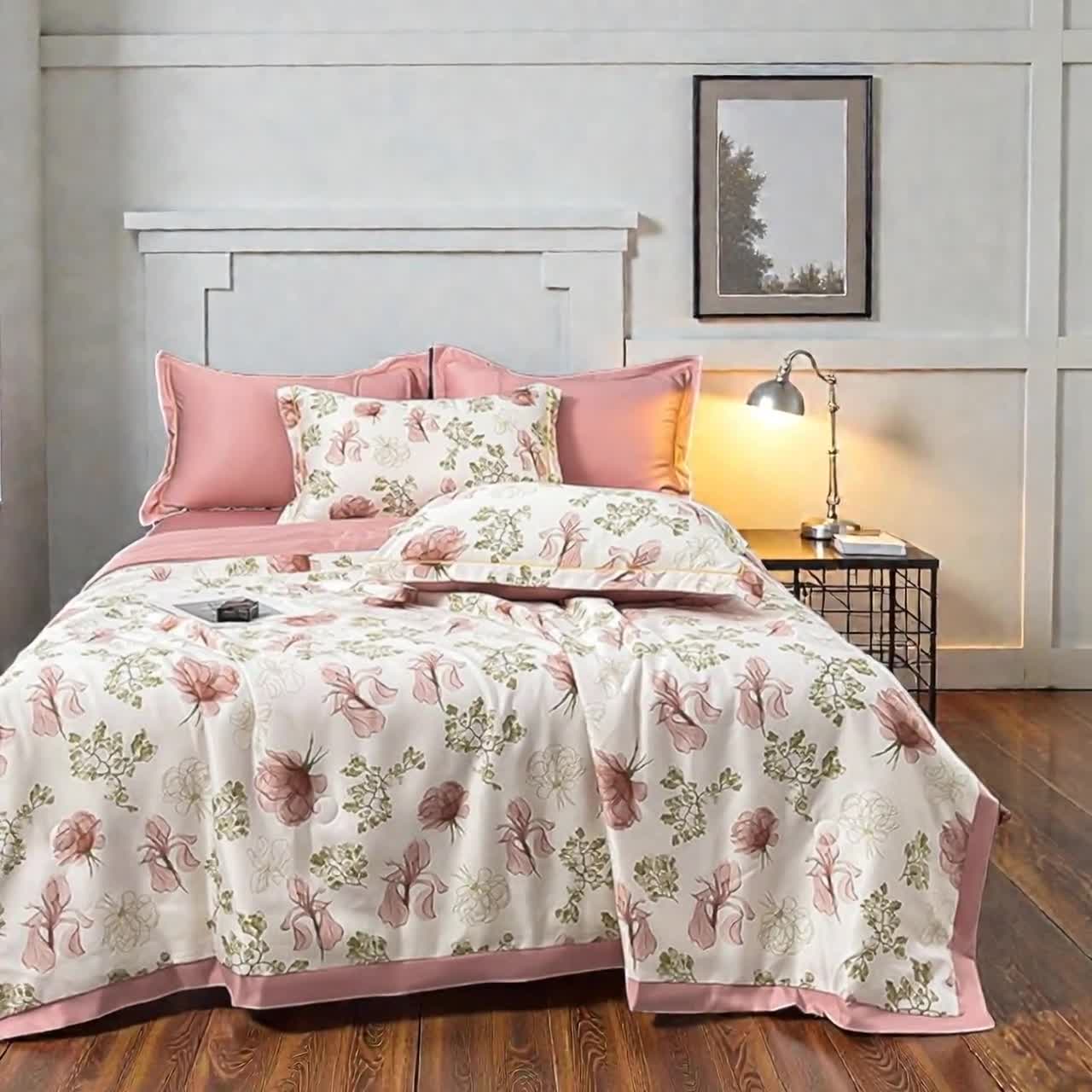 Washed Tencel Quilt Bedding Set | Cooling Ice Silk, Floral 4-Piece video poster