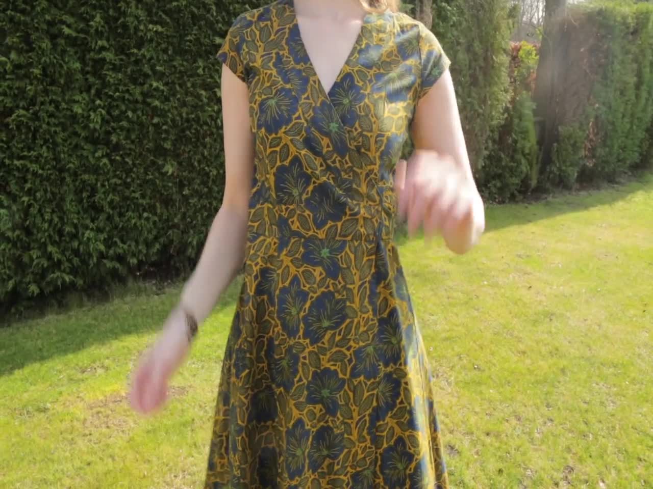 Floral Cotton Wrap Dress - Yellow Blue Print, Summer Dress