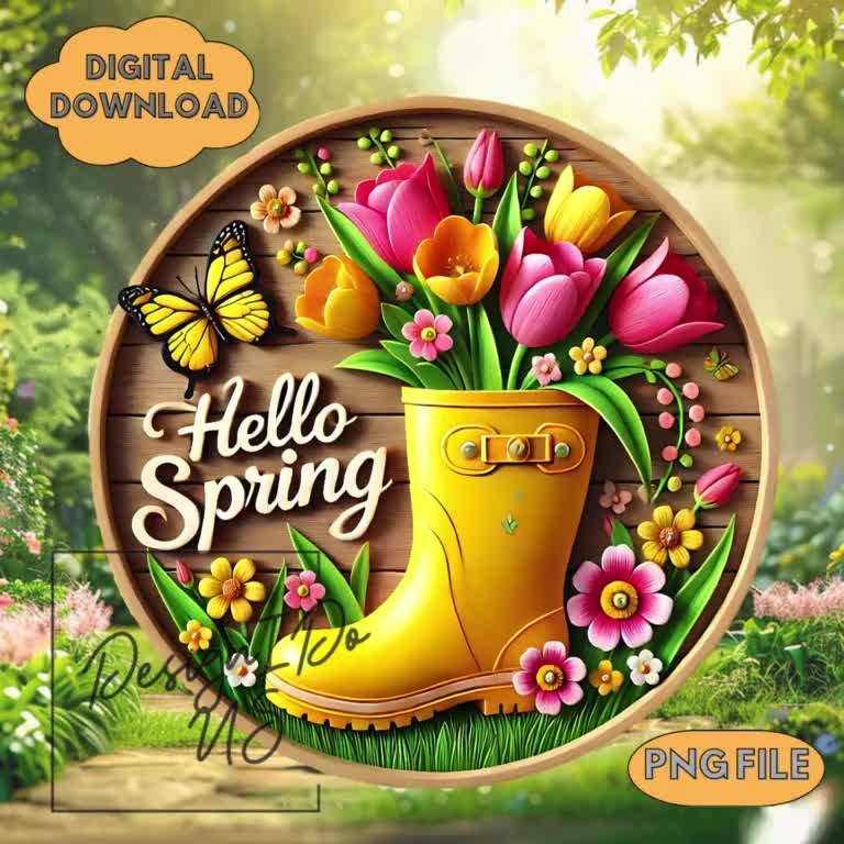 3D Hello Spring Png, Yellow Floral Welcome Sign, Round Sublimation