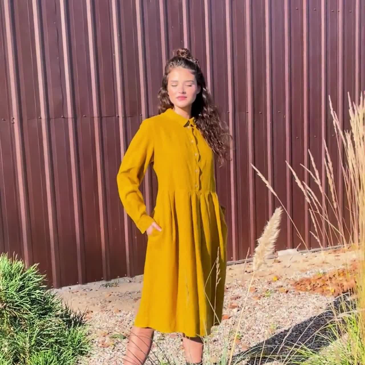 Buttons front yellow linen dress with pockets, Pleated yellow linen midi  dress, Long sleeves yellow linen dress BLISS in Honey