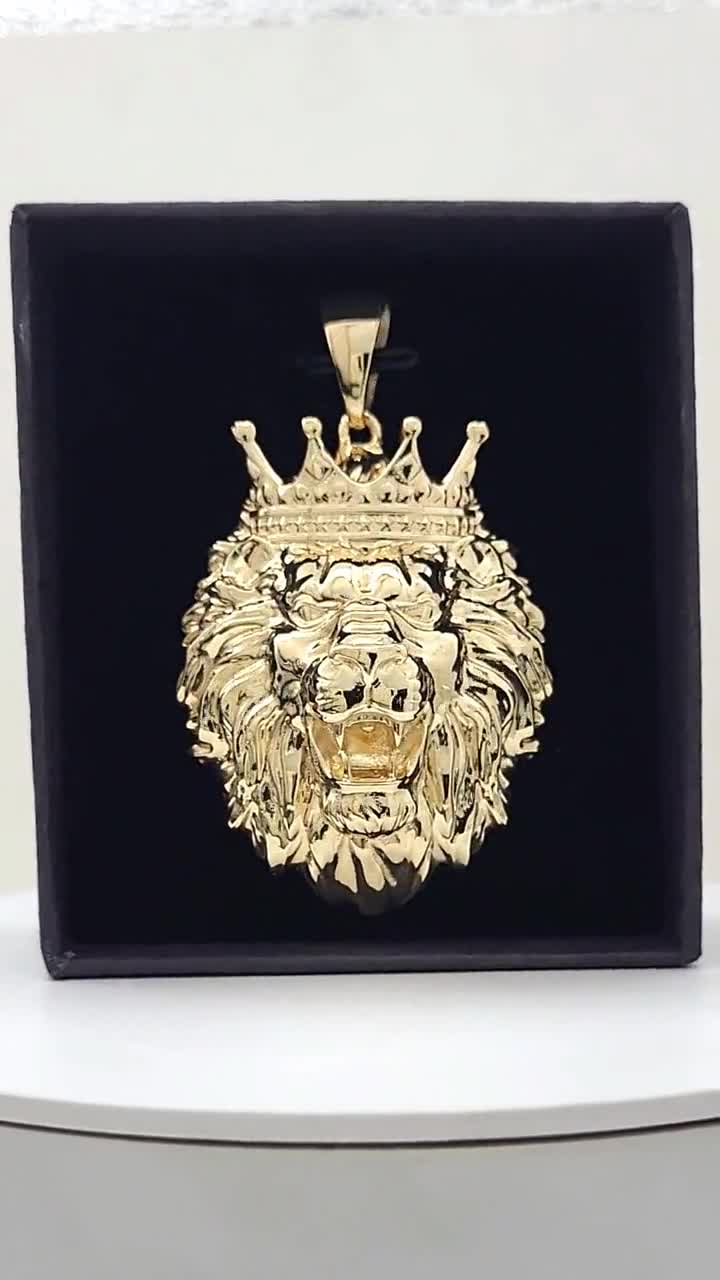 Real 14K Yellow Gold XXL Lion Pendant With Crown Charm, Grams
