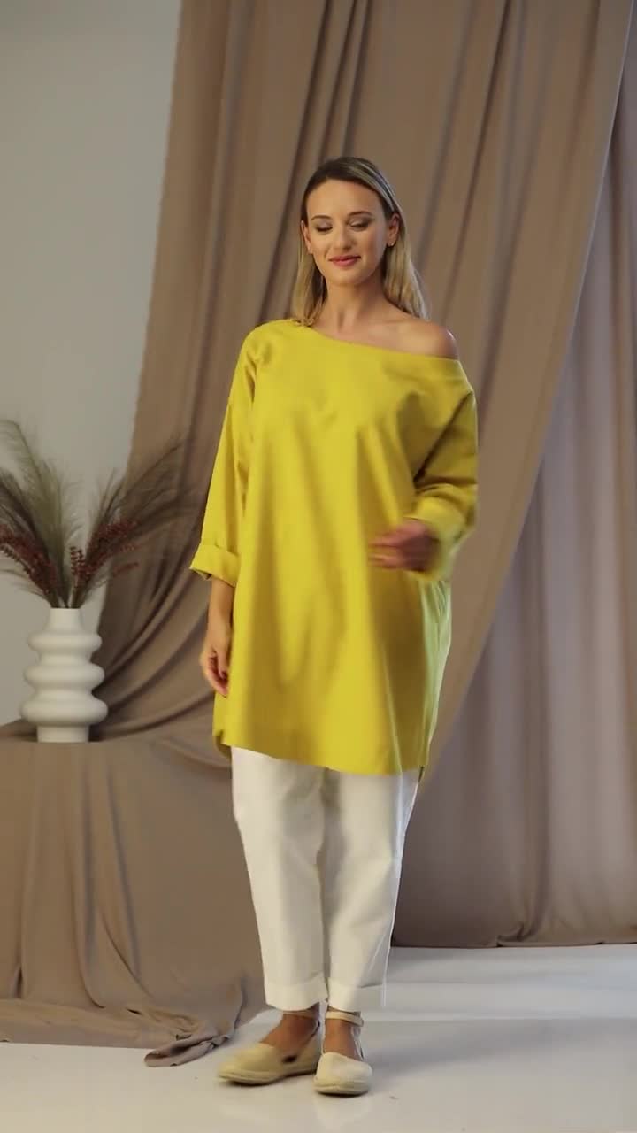 リネンチュニックトップ、ホワイトオーバーサイズリネンブラウス