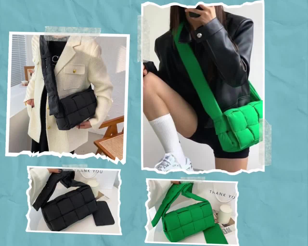NAARIIAN puffer woven shoulder bag padded cassette handbag with coins  organizer nylon light weight women crossbody Green purse (Black): Handbags