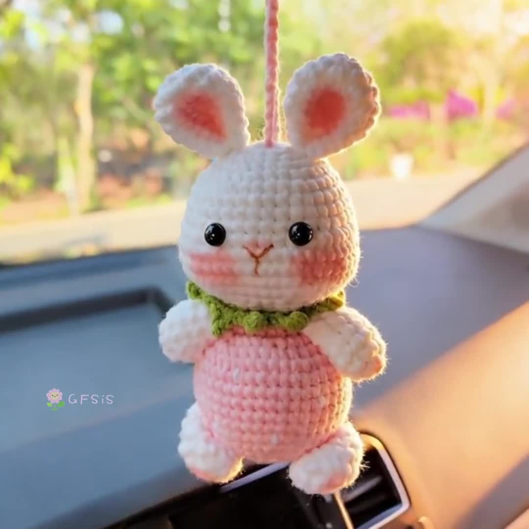 Strawberry Bunny Car Mirror Hanging Accessories, Crochet Bunny Car