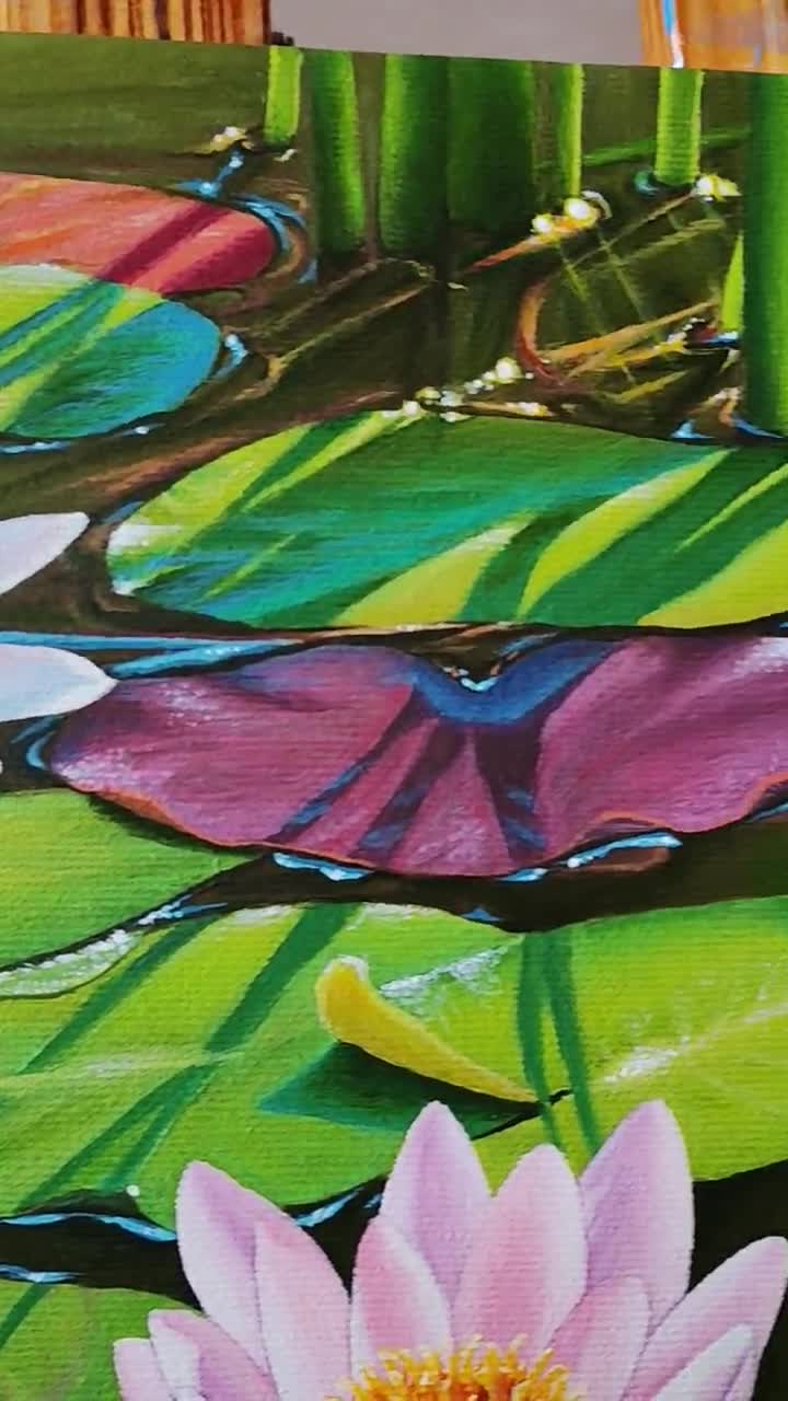 睡蓮の池の絵画 オリジナル禅花壁アート ピンクの蓮の花 キャンバス