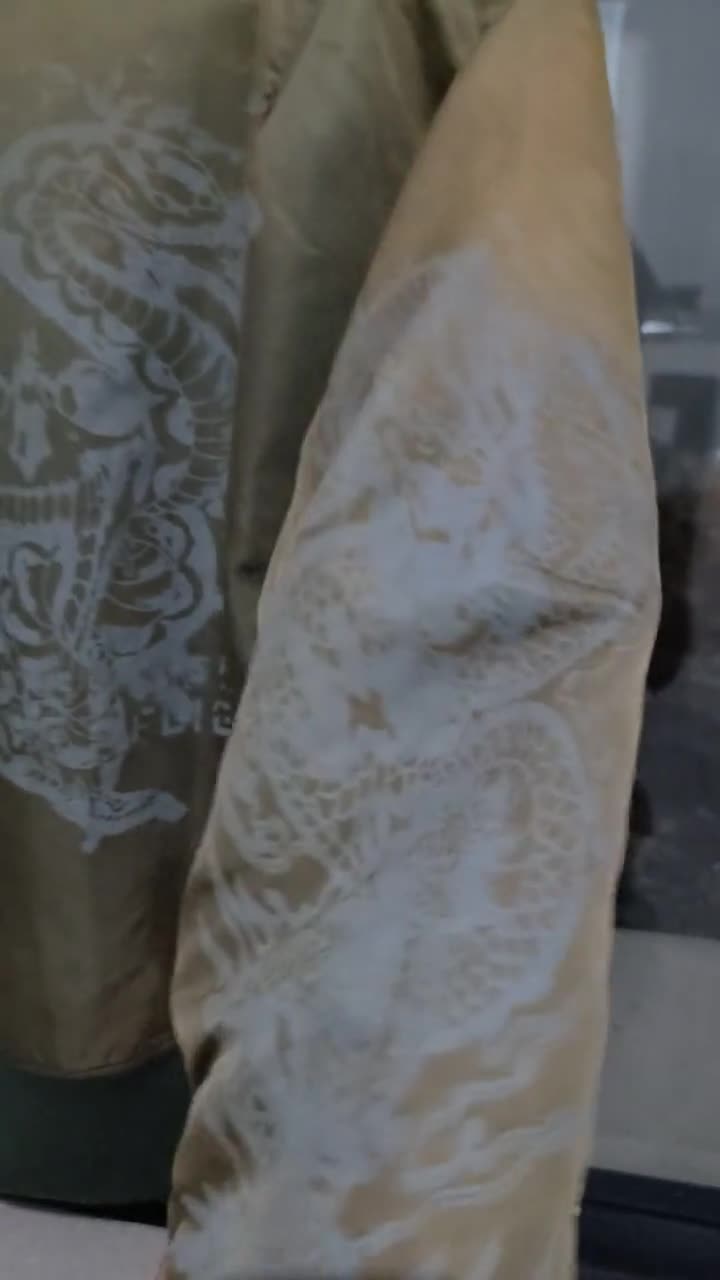 Chaqueta bomber vintage Avirex MA-1, diseño de calavera de dragón, desteñida por el sol, talla mediana video poster