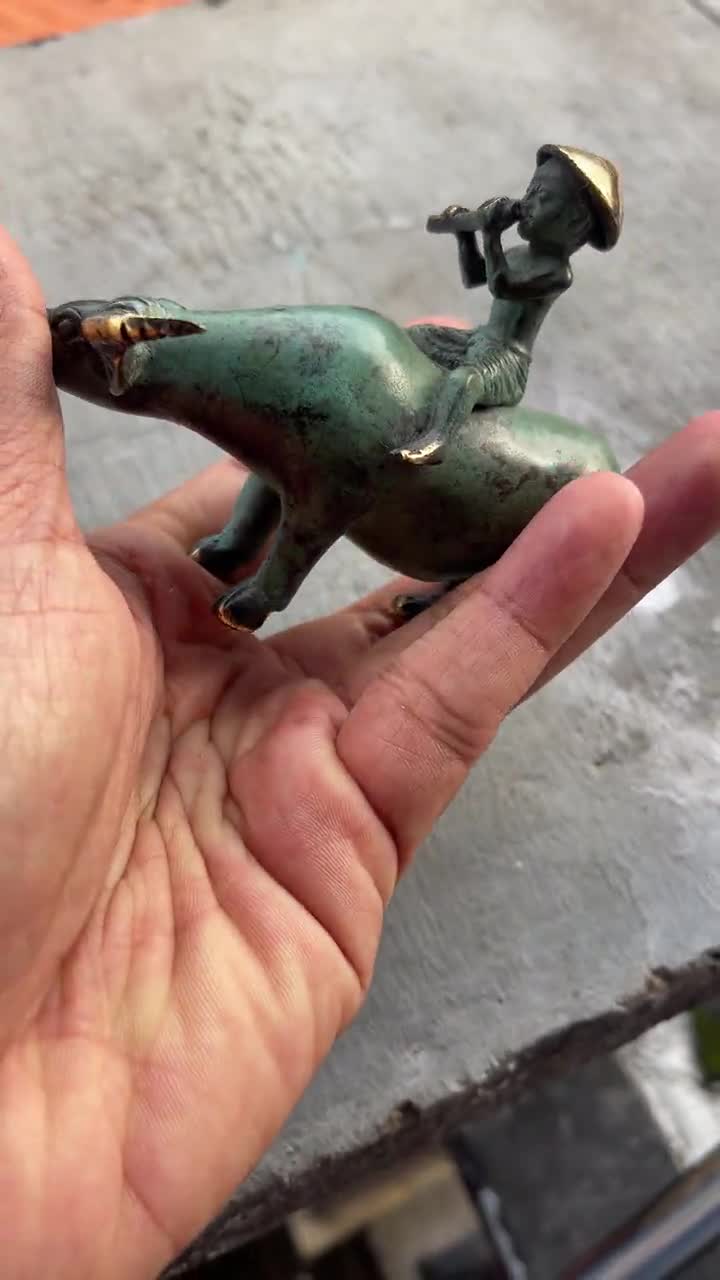 Antique Bronze Child Water Buffalo Figurine | Green Patina Asian Sculpture video poster