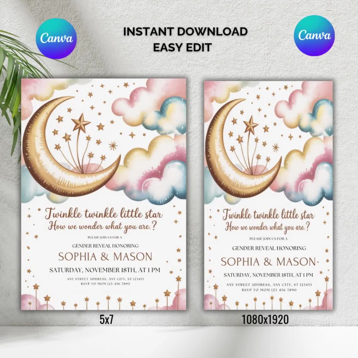 はのページ トゥインクルスター 性別お披露目招待状テンプレート：ピンク＆ブルー