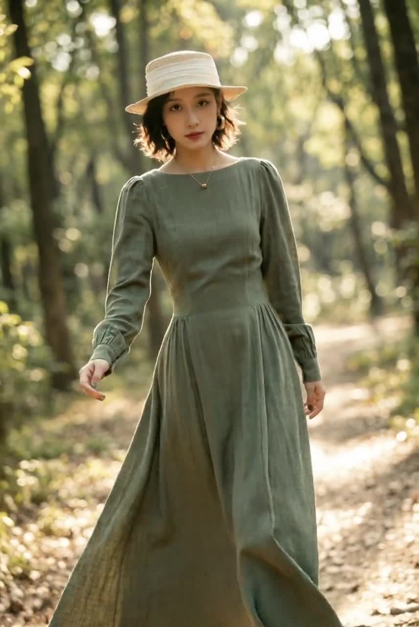 Linen Autumn Maxi Dress | Xs Army Green Swing 5678 Handmade By Xiaolizi Linen Autumn Maxi Dress | Xs Army Green Swing 5678 Handmade By Xiaolizi