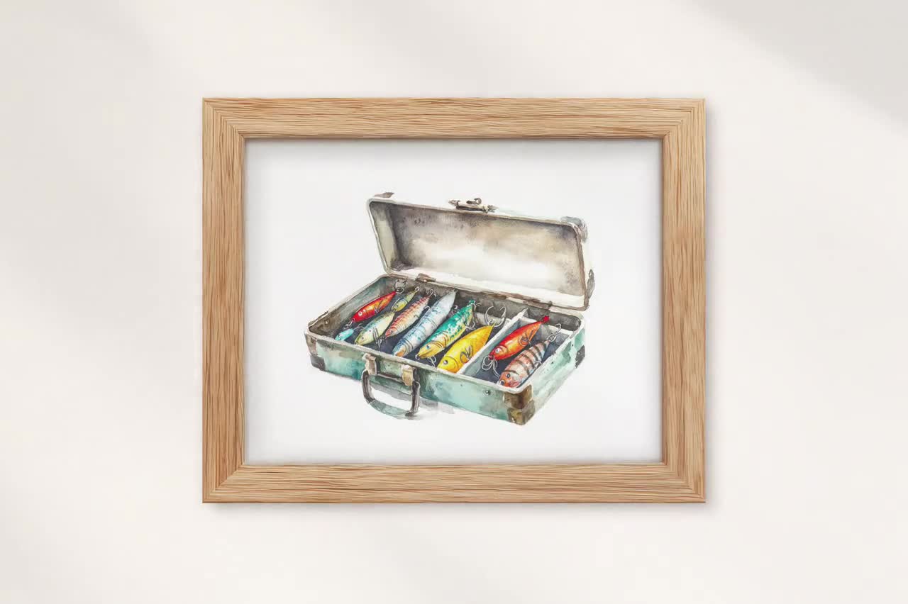 Vintage Tacklebox Watercolor Art Print: Fishing Lures Illustration