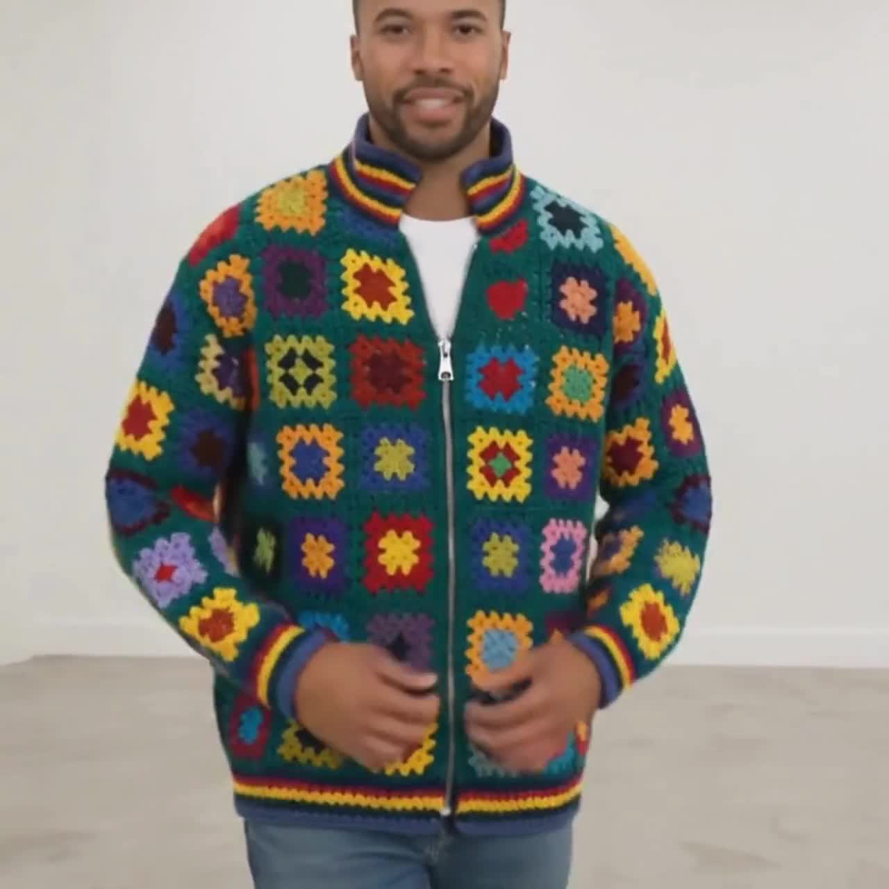 Handmade Crochet Granny Square Men Cardigan, Colorful Patchwork