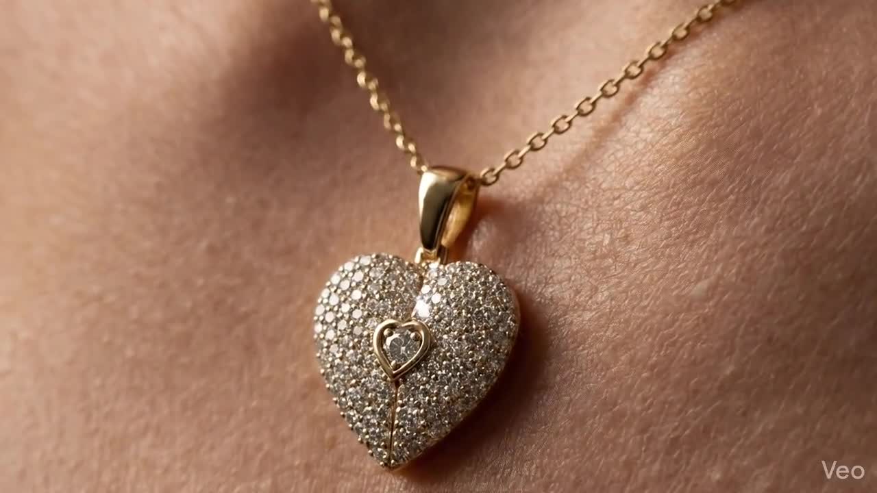 Collar con colgante de corazón de oro pavé de 14 quilates con diamantes, regalo para esposa video poster