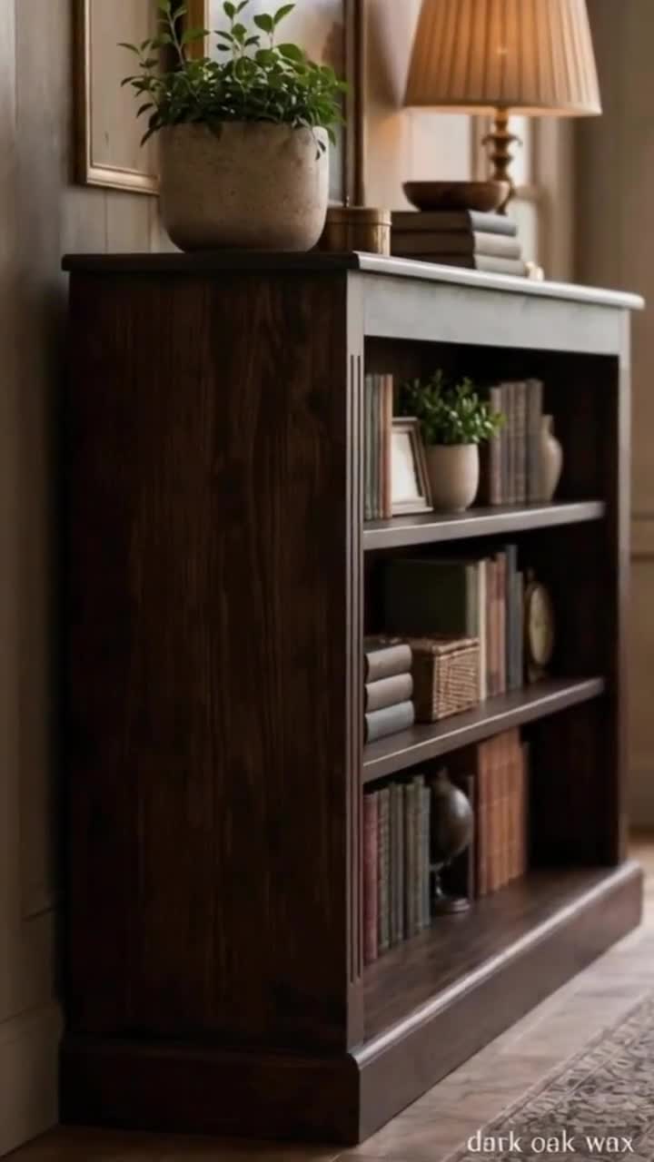 Solid Pine Low Bookcase, Dark Oak Finish, Adjustable Display