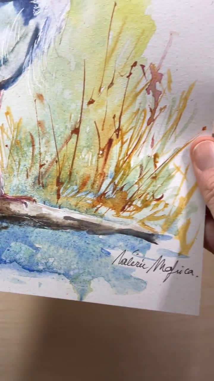 アオサギの絵画、アオサギのオリジナル水彩画、沼地や池の水鳥の絵画