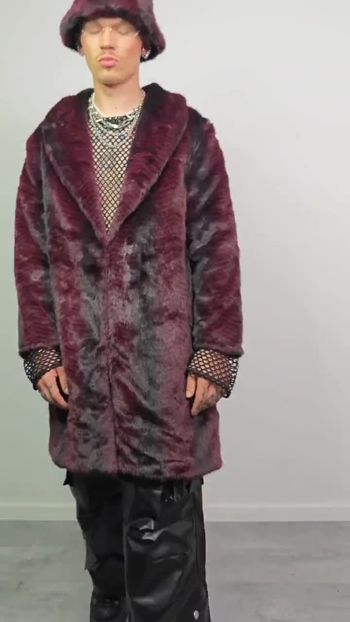 Striped Burgundy Faux Fur Trench Coat, Gothic Glam Long Jacket
