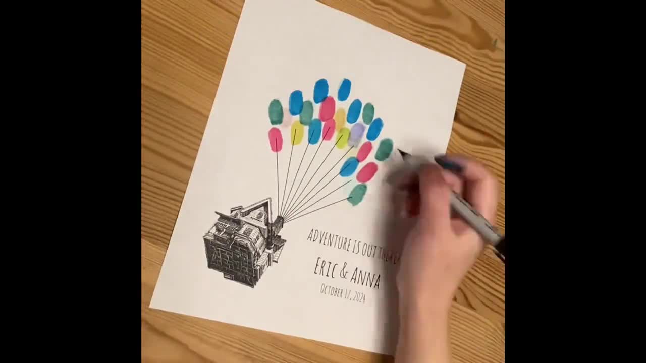 Libro de visitas imprimible con huellas dactilares para revelar el género, arte con huellas dactilares y globos de Up House video poster
