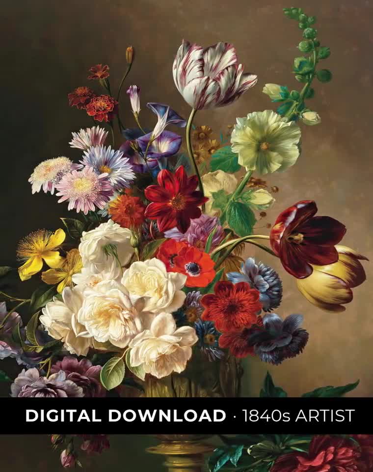 夏の花 花の静物画 - オランダの花の絵画、ダークフラワーアート