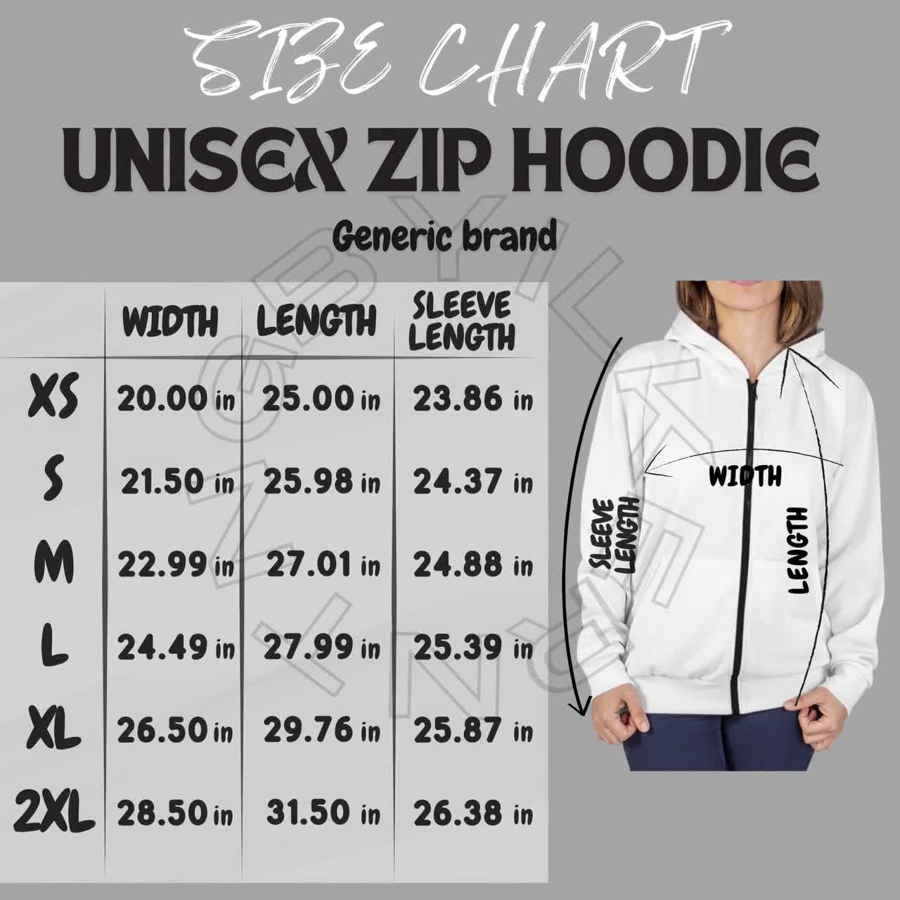 Unisex Zip Hoodie Size Chart | Size Chart for Unisex Zip Hoodie