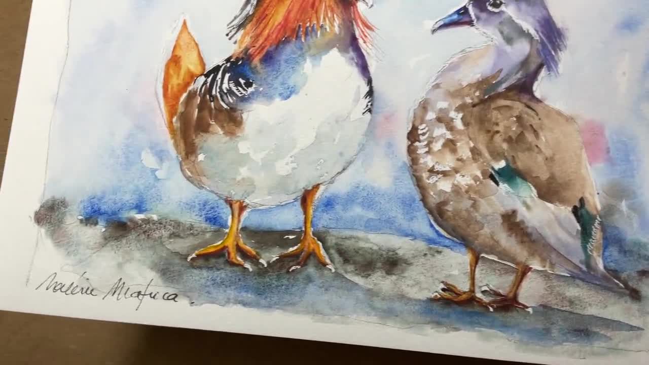 オシドリのつがいのオリジナル絵画、水かきのある鳥のオスとメスの恋の