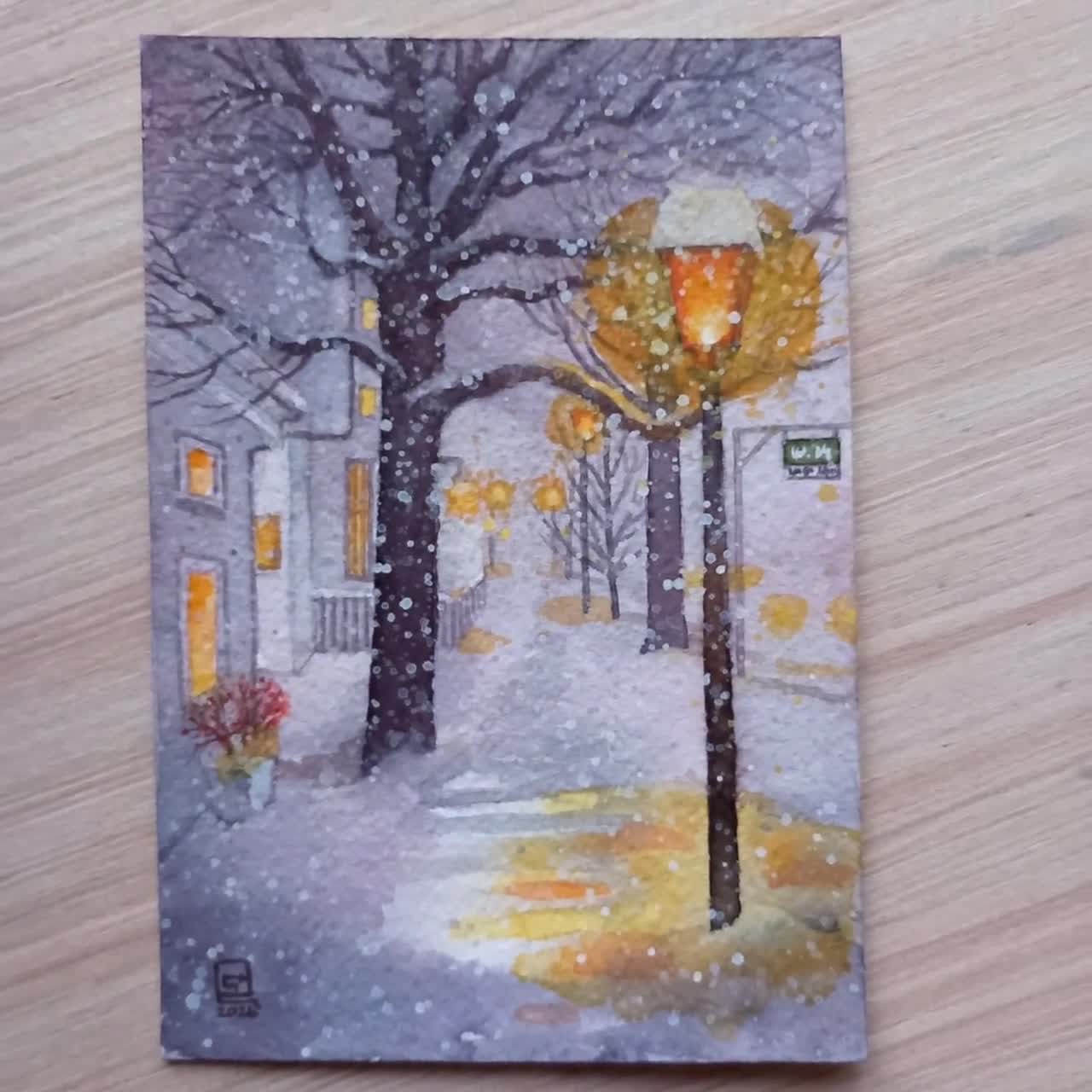 静寂の中で - 水彩画、オリジナル絵画、降る雪、街灯、人けのない雪道