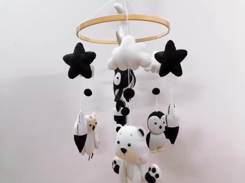 Black & White Baby Crib Mobile with Penguin, Polar Bear,Owl,Orca, Custom Animal Nursery, Visual Stimulation, Crib Decor video poster