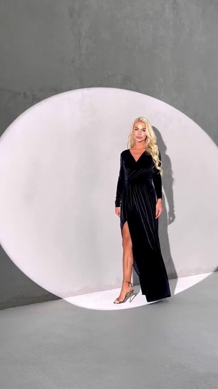 Black Velvet Long Sleeve Dress, Maxi Backless Slit Gown, Bridesmaid Dress