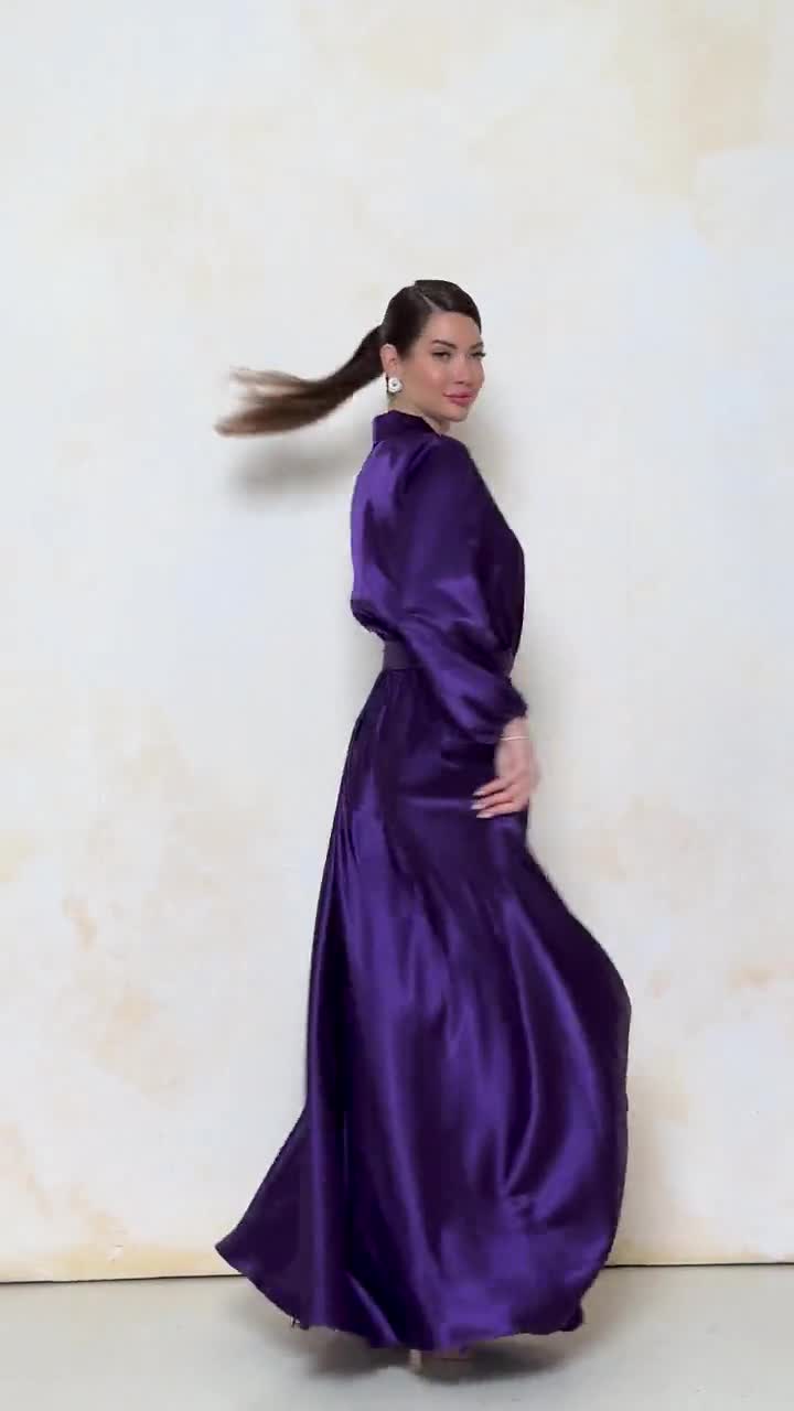 purple silk dress long sleeve Lace Long Sleeves Off Shoulder Satin Split Dress