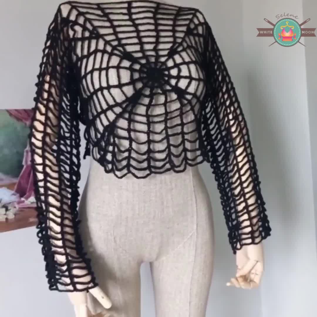 トップス spider mesh knit parker Crochet Spiderweb Crop Top, Spider Crochet Top, Halloween