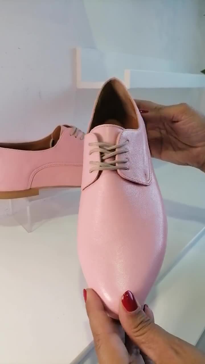 Pink Leather Shoes, Pink Oxford Shoes, Close Shoes, Flat