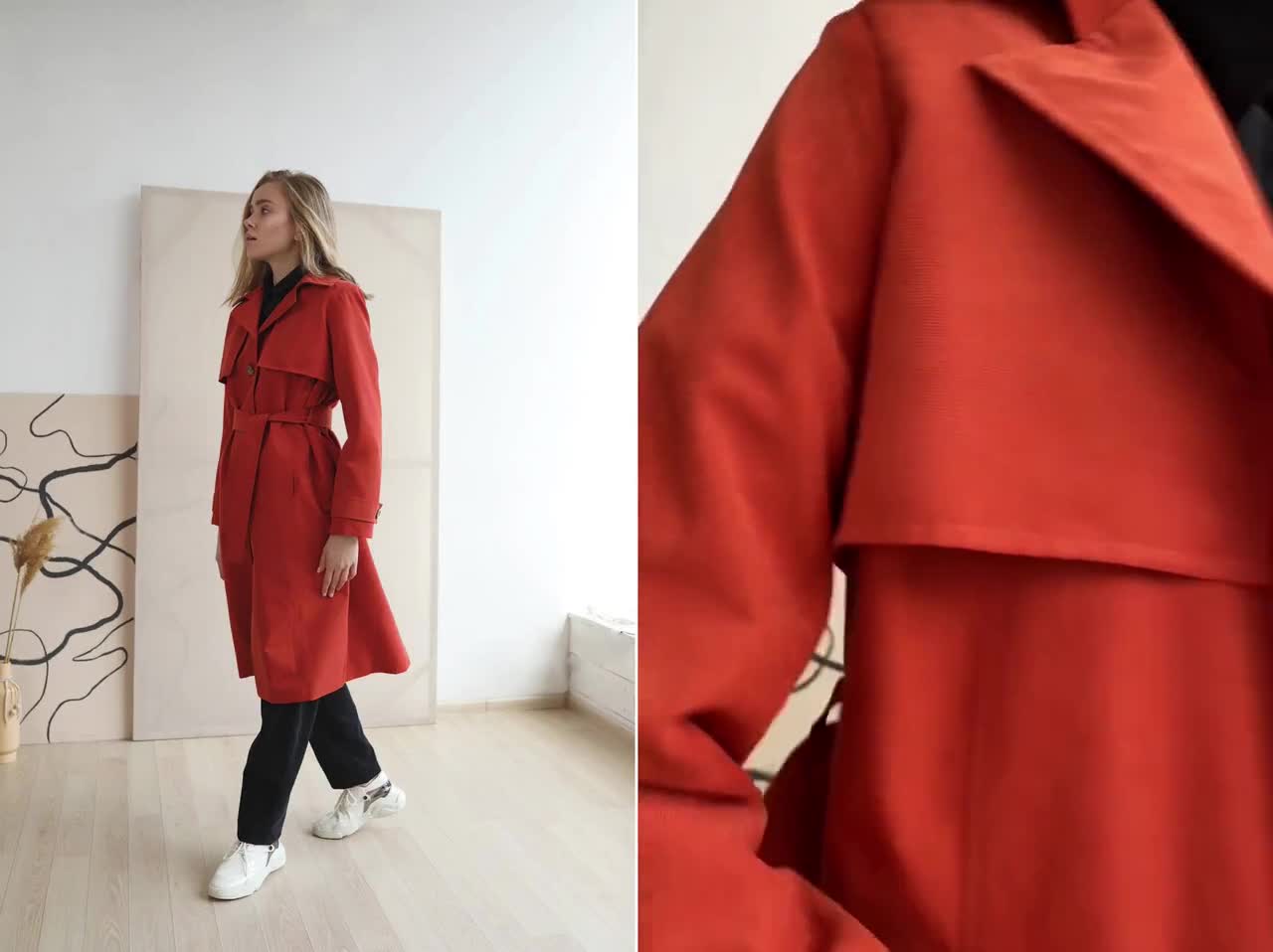 Women Long Trench Coat in Terracotta Color. Belted Trench