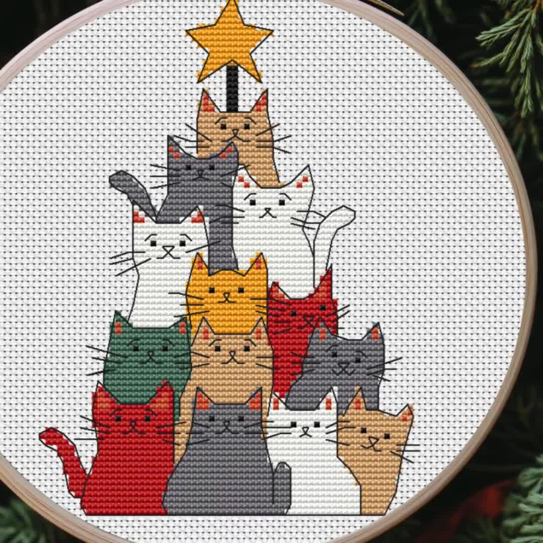 猫の木のクリスマス クロスステッチ パターン、刺繍、ファニー