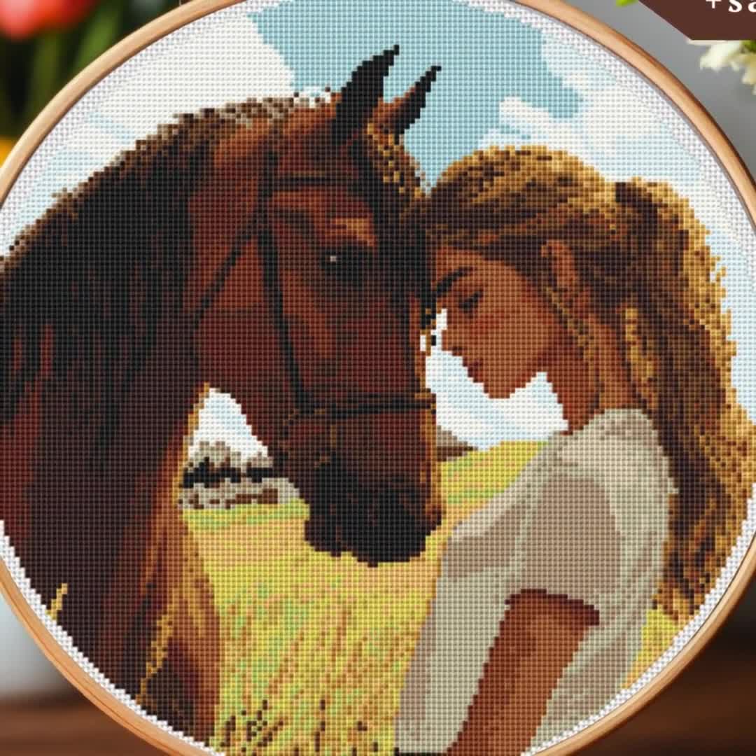 馬と少女のクロスステッチパターン、刺繍、農場風景、PDF、SAGA、自然