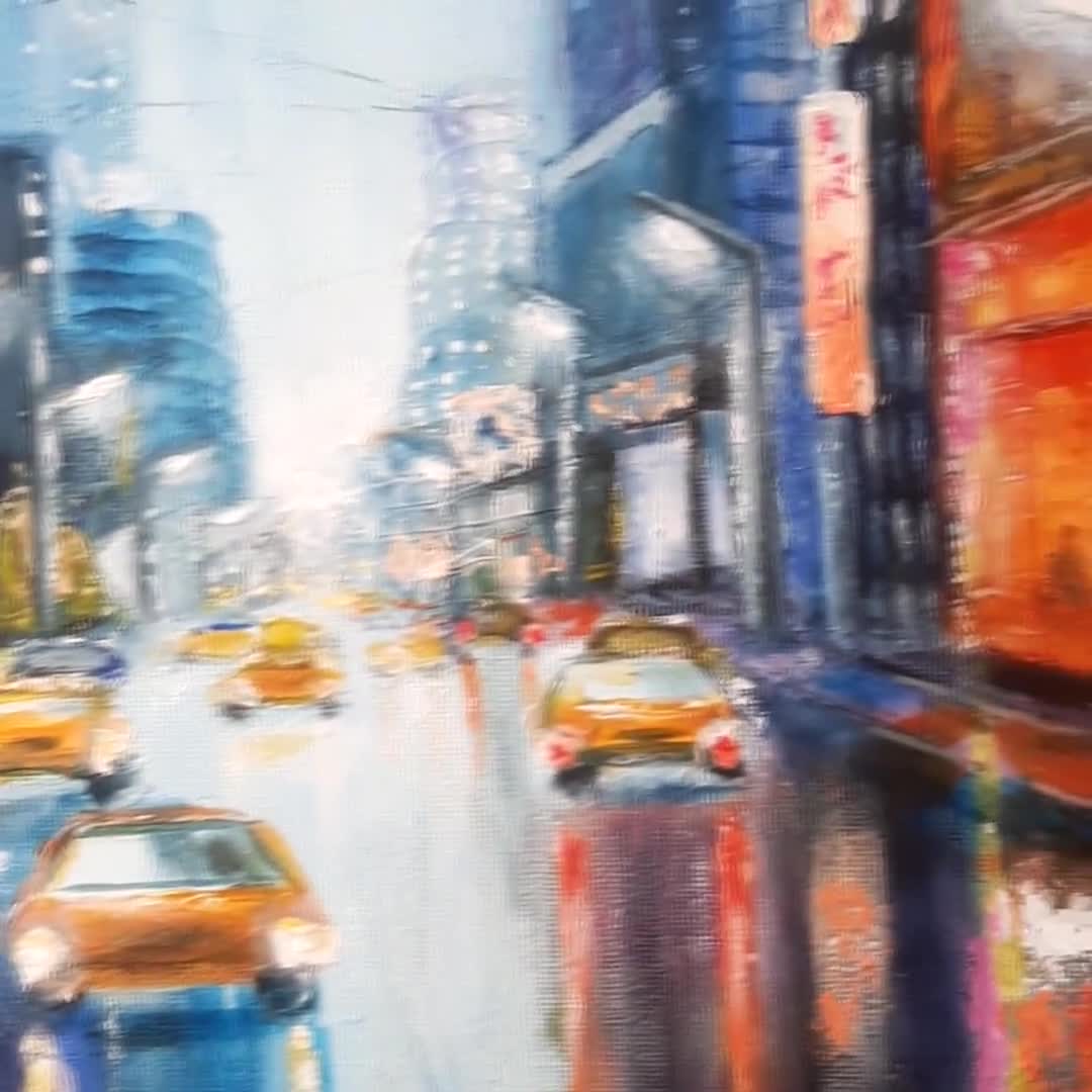ニューヨークの街並みの絵画：雨の街並み、オリジナルアクリル