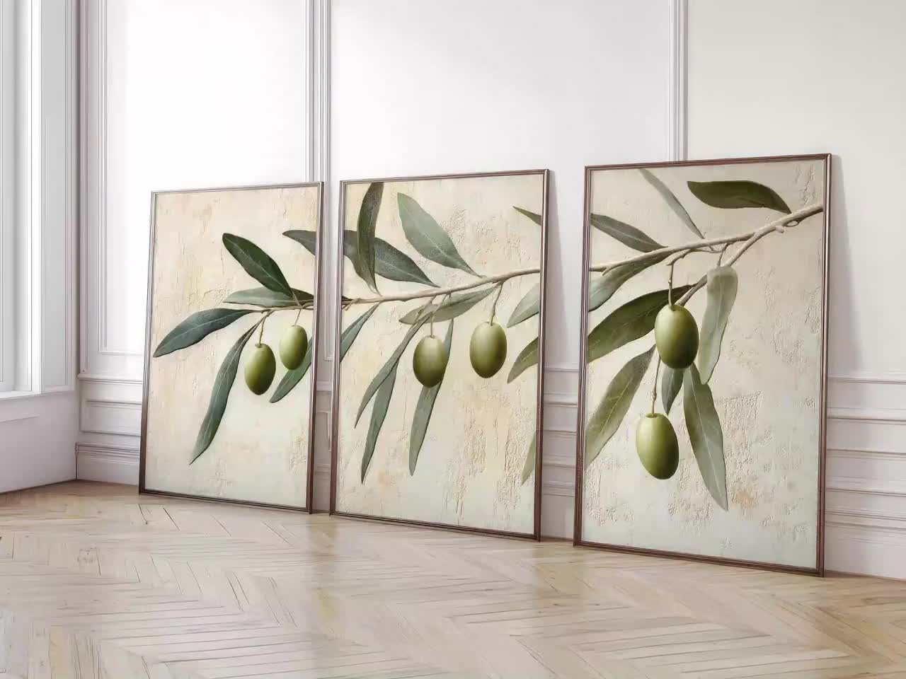 オリーブの枝の油絵セット：素朴な植物の壁アート三連画 - Etsy 日本