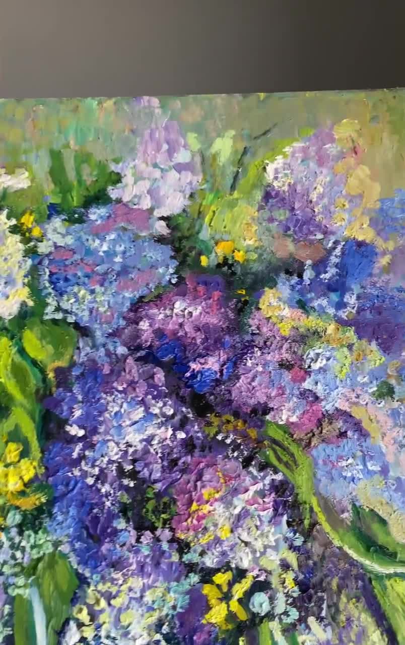 ライラック色の油絵：花束の静物画、表現主義アート（15.5インチ×11.5