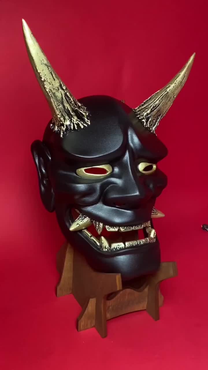 黒般若面、伝統的な侍の面、オーダーメイド、歌舞伎の面、鬼の面、着用